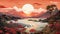 An illustration of fantastic landscape with large red flowers in the foreground, high mountains, sea and huge sunset sun