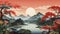 Illustration of fantastic landscape with red trees in foreground, high mountains, sea and huge sunset sun with orange