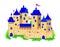 Illustration of fantasy fairyland medieval castle. Drawing of toy kingdom for kids fairy tale book. Building for computer game