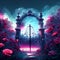 Illustration of a fantasy gate with flowers in the foreground - 3D render generative AI