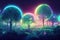 Illustration fantasy of neon forest. Glowing colorful look like fairytale