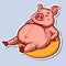 Illustration of a fat relaxed pig sitting on a floatie in a pool. Vector of a piggy on vacation, relaxing and swimming