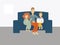 Illustration of a father sitting on couch with his son and daughter and family sketch