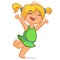 Illustration featuring a blond girl in a green dress jumping with glee. Holiday vector illustration cartoon style