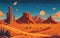 illustration featuring a breathtaking desert landscape with vast sand dunes, dramatic rock formations, and a starry