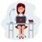 Illustration, a female office worker with a laptop sits at a table, cartoon flat illustration