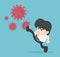 Illustration fight virus. cure corona virus Young businessman  kick covid-19