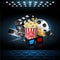 Illustration for the film industry. Popcorn, reel, film and clap