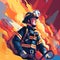 Illustration of a firefighter trying to put out a raging fire.