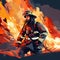 Illustration of a firefighter trying to put out a raging fire.