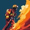 Illustration of a firefighter trying to put out a raging fire.