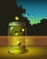 Illustration of fireflies escaping a glass jar