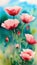 Illustration - five delicate pink poppies and four buds on a stem on a gentle background, watercolor, detail, colorfulness