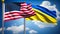 illustration flags of America and Ukraine. The flags of the USA and Ukraine are together and swaying. Realistic of