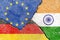 Illustration of flags indicating the political conflict between EU-India-Germany