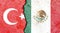 Illustration of the flags of Turkey and Mexico separated by a crack - conflict or comparison