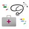 Illustration flat stethoscope, first aid kit and