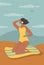 Illustration in a flat style - a beautiful girl in swimwear is sunbathing on the beach