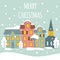 Illustration in flat style - christmas card with cozy snow-covered houses and trees and inscription merry christmas