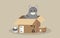 Illustration in flat style - cute tabby cat sits in a cardboard box