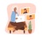 Illustration in flat style. elderly woman with laptop communicates with grandchildren online