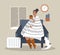 illustration in a flat style - a girl in a chair wrapped in a blanket next to her heater. winter outside