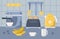 illustration in flat style - kitchen interior, kitchen appliances, utensils, inventory