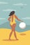 illustration in flat style - tanned girl in swimwear plays ball on the beach