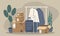 Illustration in a flat style on the theme of moving. cardboard boxes with things, suitcases, plants.