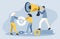 Illustration in a flat style on the theme of teamwork. women hold gears, man speaks into a megaphone