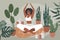 Illustration in a flat style - a young black girl meditates and practices yoga among plants and candles