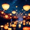 Illustration of floating lanterns in the night sky with bokeh effect Generative AI