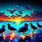 Illustration of a flock of birds on the background of the sunset AI generated