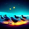 Illustration of a flock of birds on the beach at sunset. AI generated