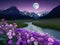 An Illustration of Flowers, a River, Mountains, and the Spectacular Night Sky.