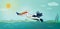 Illustration of flying bird, curly Dalmatian pelican on background of coastline