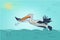 Illustration of flying bird, Dalmatian pelican with fish on background of coastline, water, sea