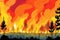 illustration of forest wildfire, charred trees, haze of smoke. climate change and extreme heat