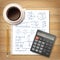 Illustration with formulas on a copybook paper, calculator and a cup of coffee