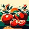 Illustration of fresh organic tomatoes on a wooden table. Vector illustration AI generated
