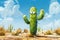 Illustration of a friendly cactus with big eyes set in a sunny desert landscape. Generative AI