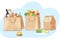 Illustration of full paper bags of different food. Top view.Food delivery.