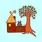 Illustration of funny cartoon character and house with fence and tree