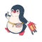 Illustration with funny cartoon penguin traveler with suitcase and ticket