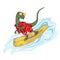 Illustration of funny dinosaur surfer in red shirt and shorts on the wave