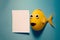 Illustration of a funny fish on a white background isolate. Riba with paper blank mock up Concept under card and text. April Fools