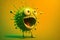 Illustration of funny green virus character with happy face isolated on yellow. Generative AI