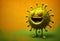 Illustration of funny green virus character with happy face isolated on yellow. Generative AI