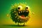 Illustration of funny green virus character with happy face isolated on yellow. Generative AI