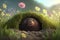 Illustration funny mole looks out of his molehill on a green meadow AI generated content